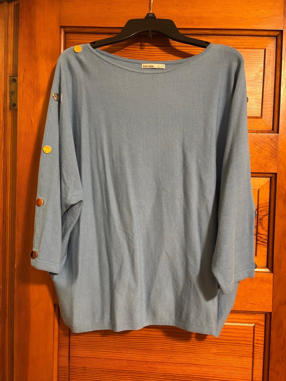 Rafiana Light blue knit sweater 3X boat neck gold button trim